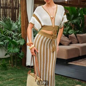 Crochet Stripe Skirt Set With Tassel Tie Waist